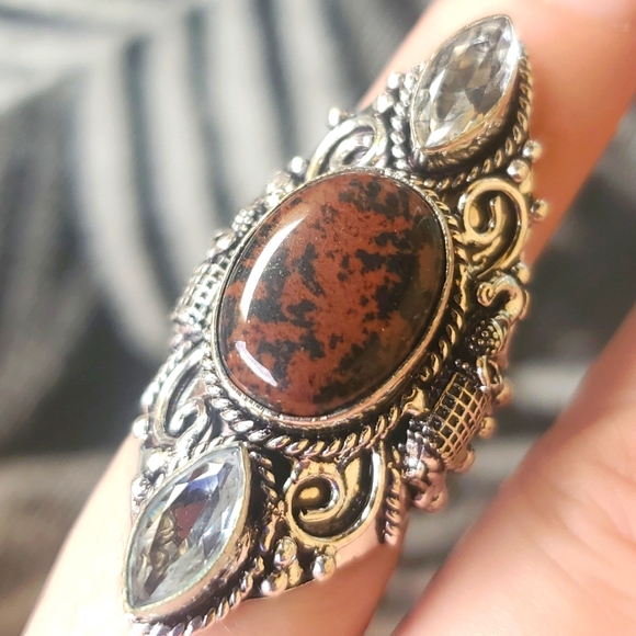 New Mahogany Obsidian & White Topaz 925 Silver Carved Elephant Statement Ring. - Picture 2 of 12
